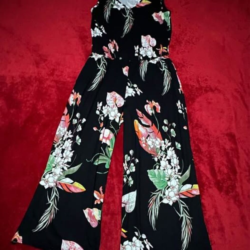 Bumblebella By Jill Martin Women's Dreamy Jumpsuit Black Tropical W/ Pockets